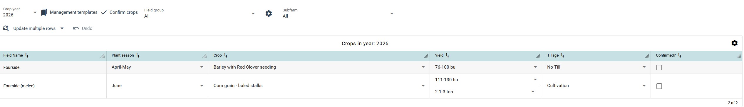 toolbar with dropdown for year select, button for management templates, button for confirm, dropdown for field group and dropdown for subfarm, button for update multiple rows, undo button. Data table with crop data for the year 2026 below