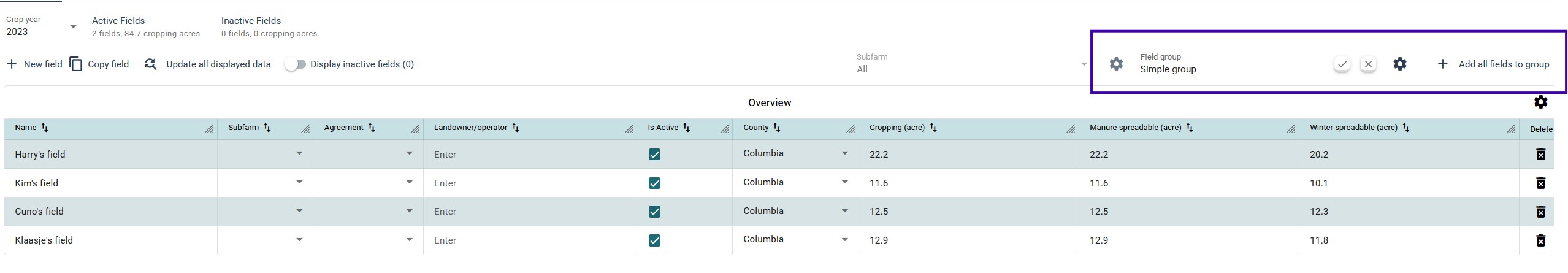 Screenshot of the field overview table with the edit field group form highlighted above it