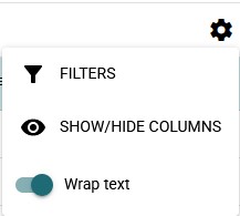 three kinds of table settings: filters, show/hide columns and text wrapping