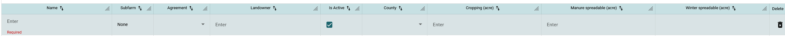 empty, highlighted row of data in a data table. Red validation message that says "required" in one of the columns