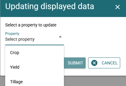popup window for updating multiple rows of data. Label instructing to select a property. Dropdown including several properties that a crop may have. submit and cancel button
