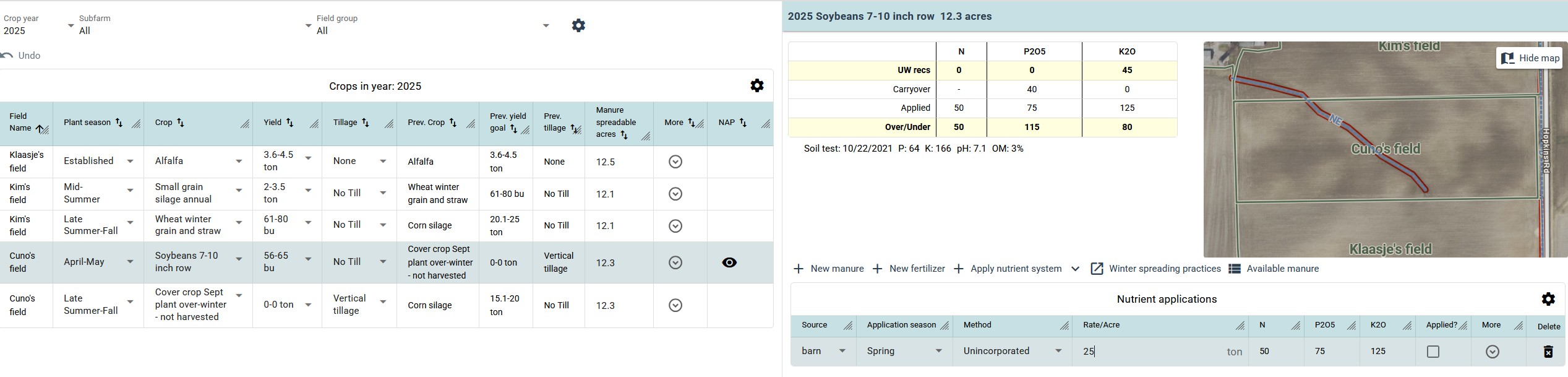 the same table in the first screenshot, only now the nutrient application planner is displayed on the right half of the window. This includes the minimap, nutrient accounting and applications, soil test information and all controls for modifying nutrient applications on a crop