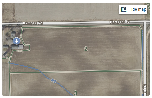 A field shown in the minimap that is visible in the Nutrient Application Planner. Other map layers include a private drinking well and a non-eroding channel.