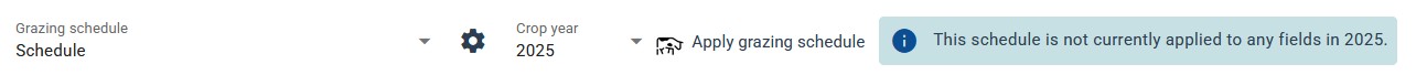 toolbar with dropdown to create, edit and delete grazing schedules; dropdown to select crop year; button to use grazing schedule; information message that the schedule is not currently in use in the chosen year 2025